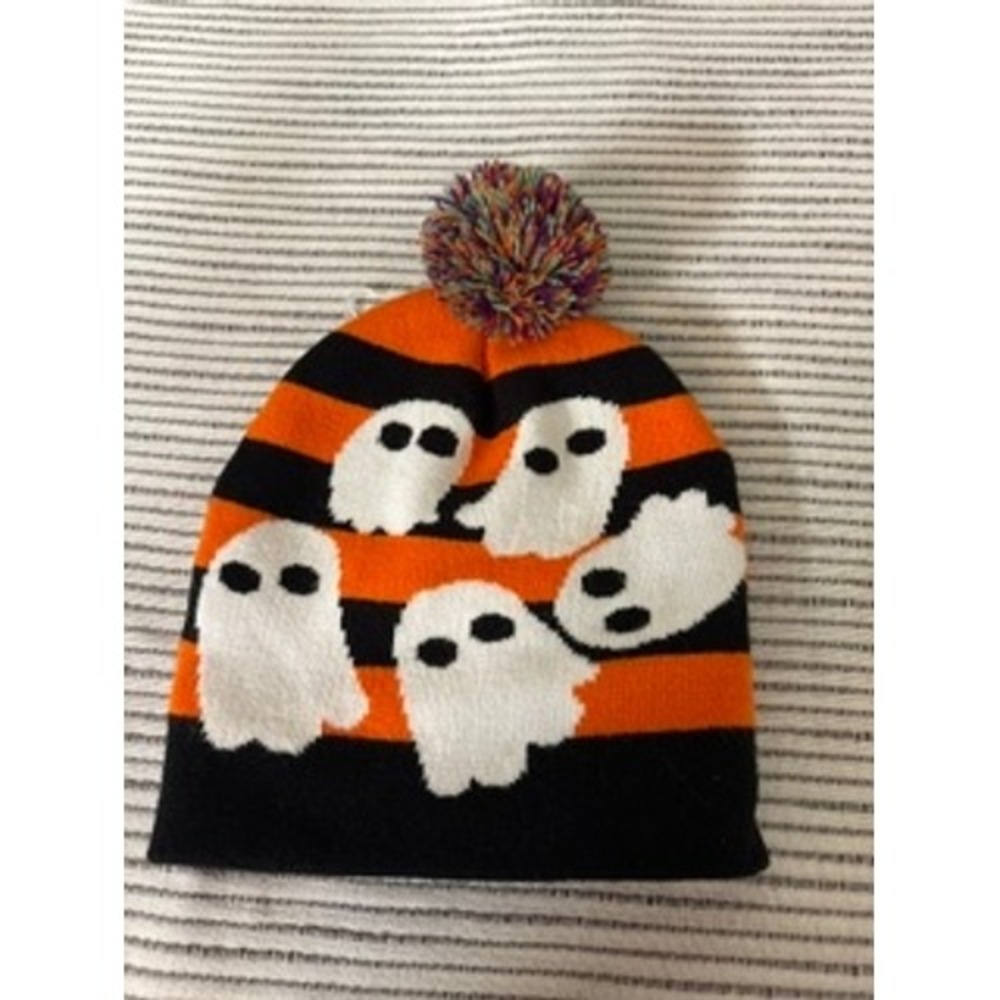 Walgreens Halloween Ghost Light Up Beanie Hat Orange Black Striped Pom Pom Kids